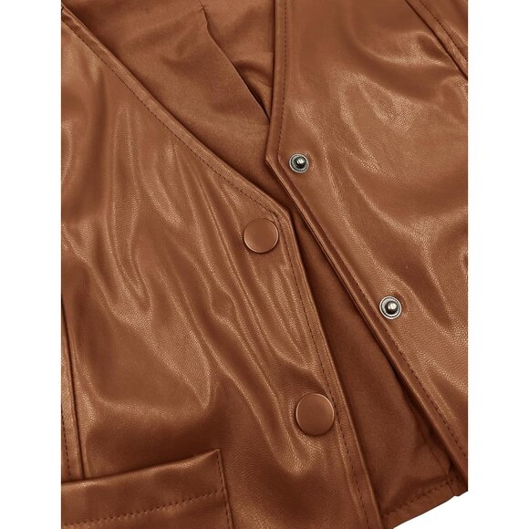 Women's Faux Leather Sleeveless Crop Top V Neck Button Up Waistcoat Medium - Picture 4 of 5